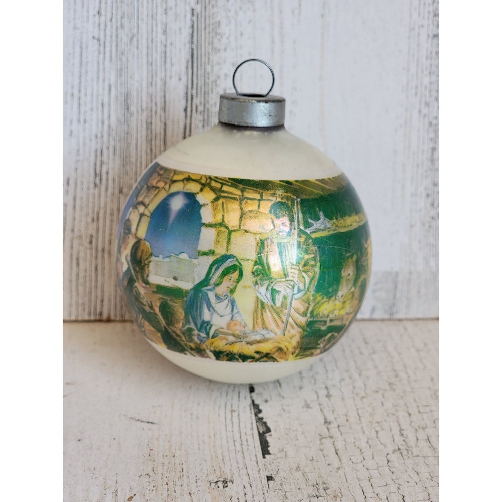 Vintage Corning Glass nativity scene Jesus ball ornament Xmas religious home